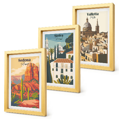 Set van ingelijste schilderijen Retro stadsgezichten van Sedona, Sintra en Valletta