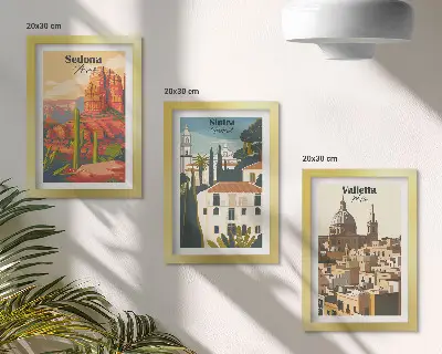Set van ingelijste schilderijen met retro stadsgezichten van Sedona, Sintra en Valletta