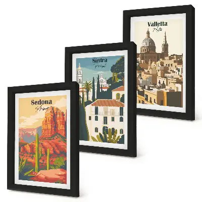 Set van ingelijste schilderijen met retro stadsgezichten van Sedona, Sintra en Valletta