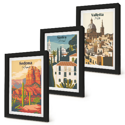 Set van ingelijste schilderijen Retro stadsgezichten van Sedona, Sintra en Valletta