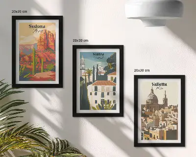 Set van ingelijste schilderijen met retro stadsgezichten van Sedona, Sintra en Valletta