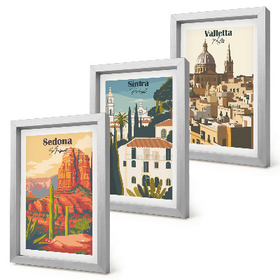 Set van ingelijste schilderijen Retro stadsgezichten van Sedona, Sintra en Valletta