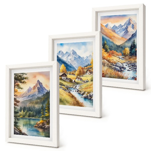 Gallery wall Een berglandschap met een rivier en huisjes in herfstkleuren.
