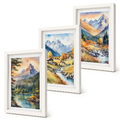 Gallery wall Een berglandschap met een rivier en huisjes in herfstkleuren.