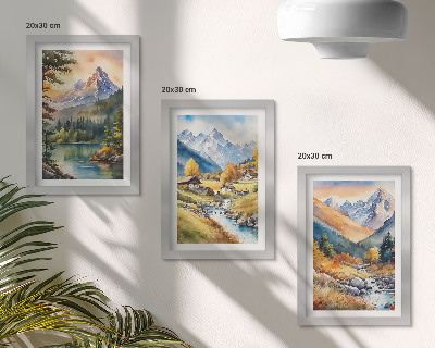 Gallery wall Een berglandschap met een rivier en huisjes in herfstkleuren.