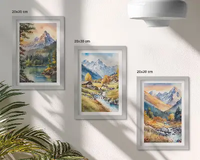 Gallery wall met berglandschap, rivier en huisjes in herfstkleuren