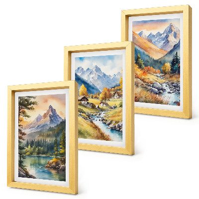 Gallery wall Een berglandschap met een rivier en huisjes in herfstkleuren.