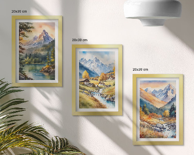 Gallery wall Een berglandschap met een rivier en huisjes in herfstkleuren.