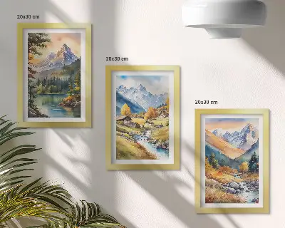 Gallery wall met berglandschap, rivier en huisjes in herfstkleuren