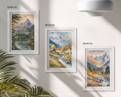 Gallery wall Een berglandschap met een rivier en huisjes in herfstkleuren.