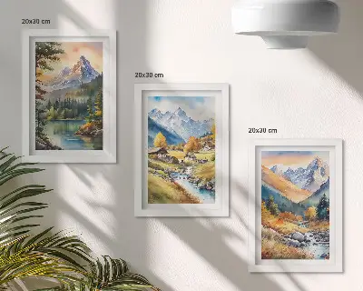 Gallery wall met berglandschap, rivier en huisjes in herfstkleuren
