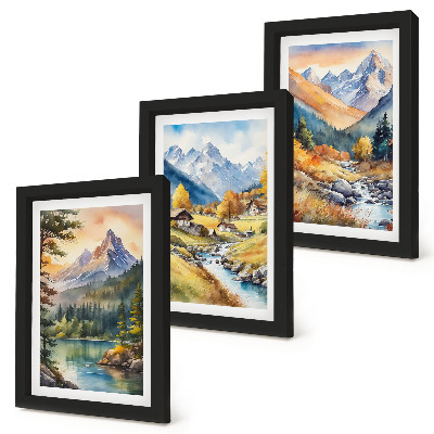 Gallery wall Een berglandschap met een rivier en huisjes in herfstkleuren.