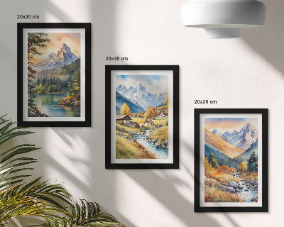 Gallery wall Een berglandschap met een rivier en huisjes in herfstkleuren.