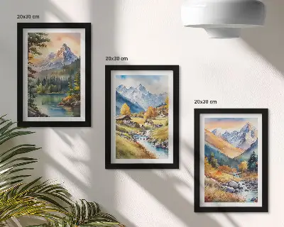 Gallery wall met berglandschap, rivier en huisjes in herfstkleuren