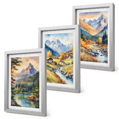 Gallery wall Een berglandschap met een rivier en huisjes in herfstkleuren.