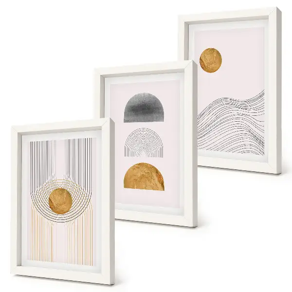 Set ingelijste schilderijen met abstracte vormen en lijnen in beige en grijze tinten