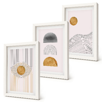 Set van ingelijste schilderijen Abstracte vormen en lijnen in beige en grijze tinten.