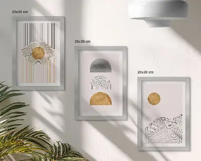 Set ingelijste schilderijen met abstracte vormen en lijnen in beige en grijze tinten