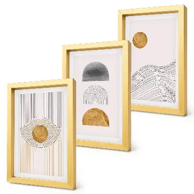 Set ingelijste schilderijen met abstracte vormen en lijnen in beige en grijze tinten