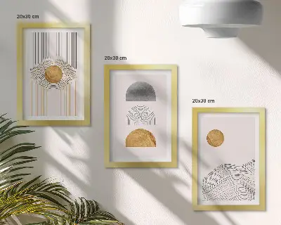 Set ingelijste schilderijen met abstracte vormen en lijnen in beige en grijze tinten