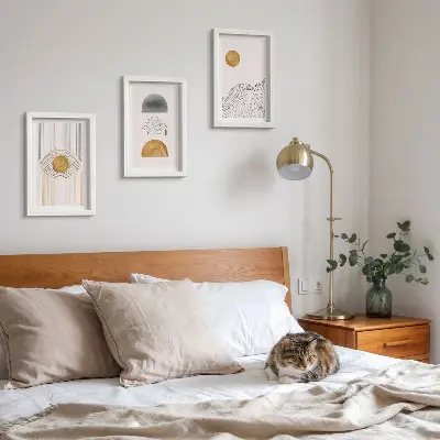 Set ingelijste schilderijen met abstracte vormen en lijnen in beige en grijze tinten
