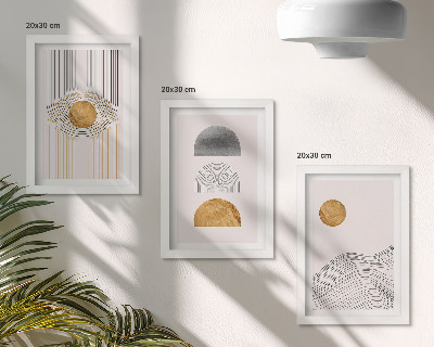 Set van ingelijste schilderijen Abstracte vormen en lijnen in beige en grijze tinten.