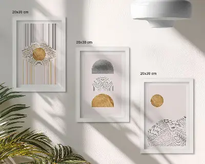 Set ingelijste schilderijen met abstracte vormen en lijnen in beige en grijze tinten
