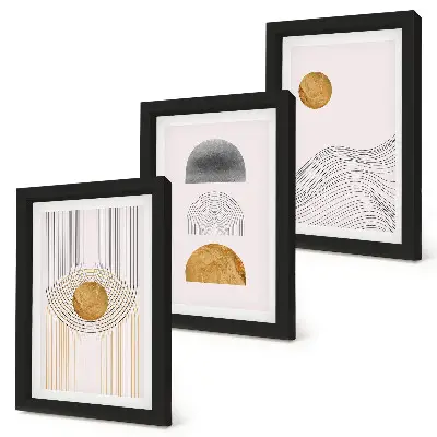 Set ingelijste schilderijen met abstracte vormen en lijnen in beige en grijze tinten