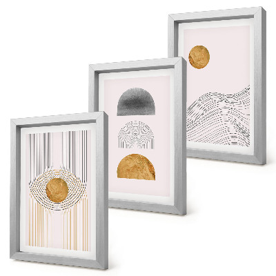 Set van ingelijste schilderijen Abstracte vormen en lijnen in beige en grijze tinten.