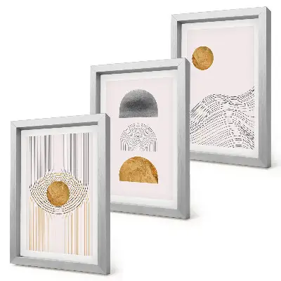 Set ingelijste schilderijen met abstracte vormen en lijnen in beige en grijze tinten