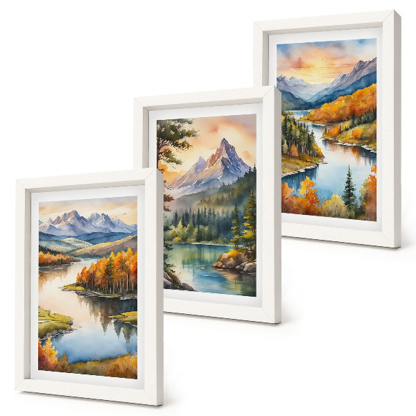 Set van ingelijste schilderijen Berglandschappen met een rivier en kleurrijke bomen