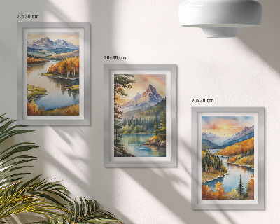 Set van ingelijste schilderijen Berglandschappen met een rivier en kleurrijke bomen