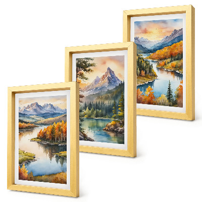 Set van ingelijste schilderijen Berglandschappen met een rivier en kleurrijke bomen