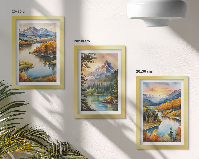 Set van ingelijste schilderijen Berglandschappen met een rivier en kleurrijke bomen