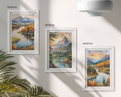 Set van ingelijste schilderijen Berglandschappen met een rivier en kleurrijke bomen