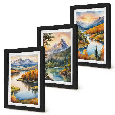 Set van ingelijste schilderijen Berglandschappen met een rivier en kleurrijke bomen