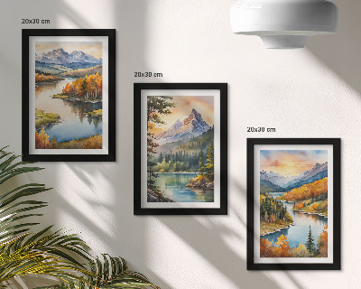 Set van ingelijste schilderijen Berglandschappen met een rivier en kleurrijke bomen