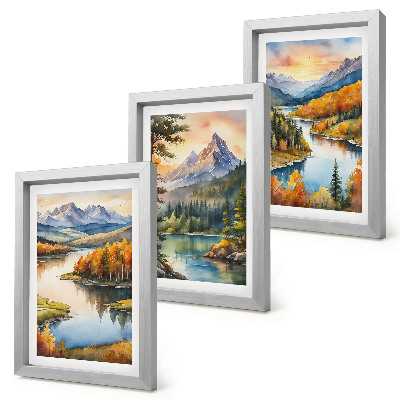 Set van ingelijste schilderijen Berglandschappen met een rivier en kleurrijke bomen