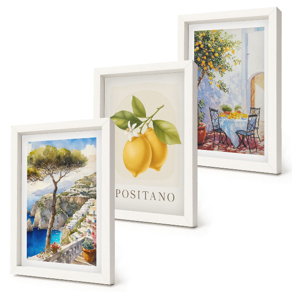 Set van ingelijste schilderijen Uitzicht op Positano met citroenbomen in de zon.