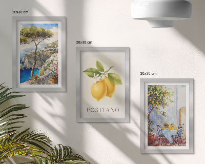Set van ingelijste schilderijen Uitzicht op Positano met citroenbomen in de zon.