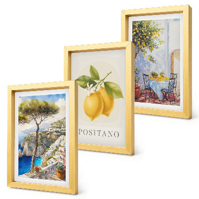 Set van ingelijste schilderijen Uitzicht op Positano met citroenbomen in de zon.