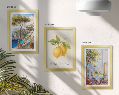 Set van ingelijste schilderijen Uitzicht op Positano met citroenbomen in de zon.