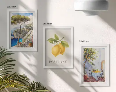 Set van ingelijste schilderijen met uitzicht op Positano en citroenbomen in de zon