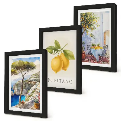 Set van ingelijste schilderijen met uitzicht op Positano en citroenbomen in de zon