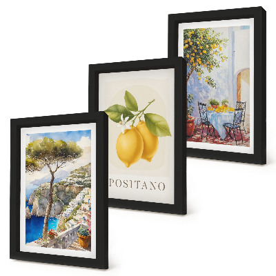 Set van ingelijste schilderijen Uitzicht op Positano met citroenbomen in de zon.