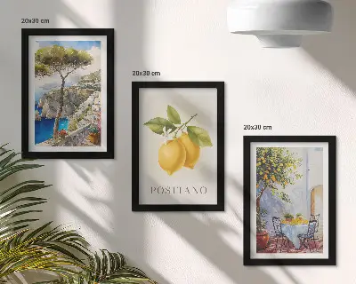 Set van ingelijste schilderijen met uitzicht op Positano en citroenbomen in de zon