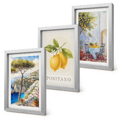 Set van ingelijste schilderijen Uitzicht op Positano met citroenbomen in de zon.