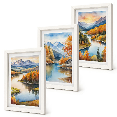 Gallery wall Herfstlandschap in de bergen met een rivier en een huisje aan het water.