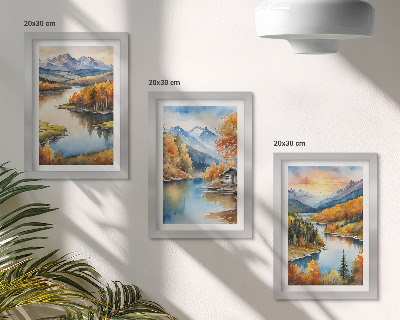 Gallery wall Herfstlandschap in de bergen met een rivier en een huisje aan het water.