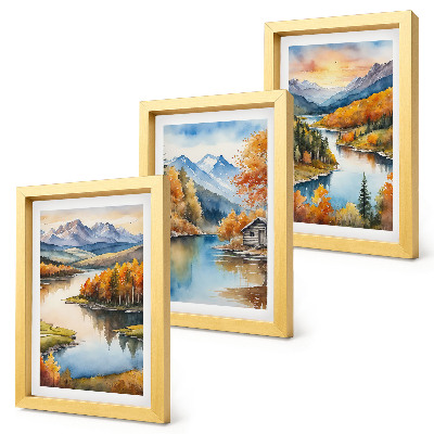 Gallery wall Herfstlandschap in de bergen met een rivier en een huisje aan het water.